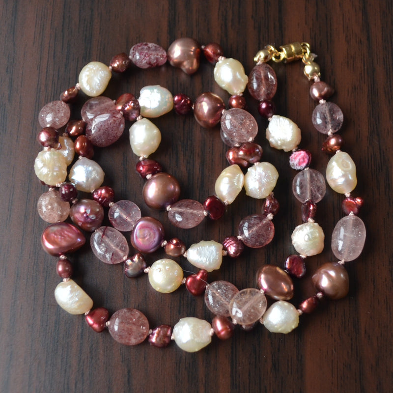 Pearl Wrap Bracelet or Necklace with Strawberry Quartz