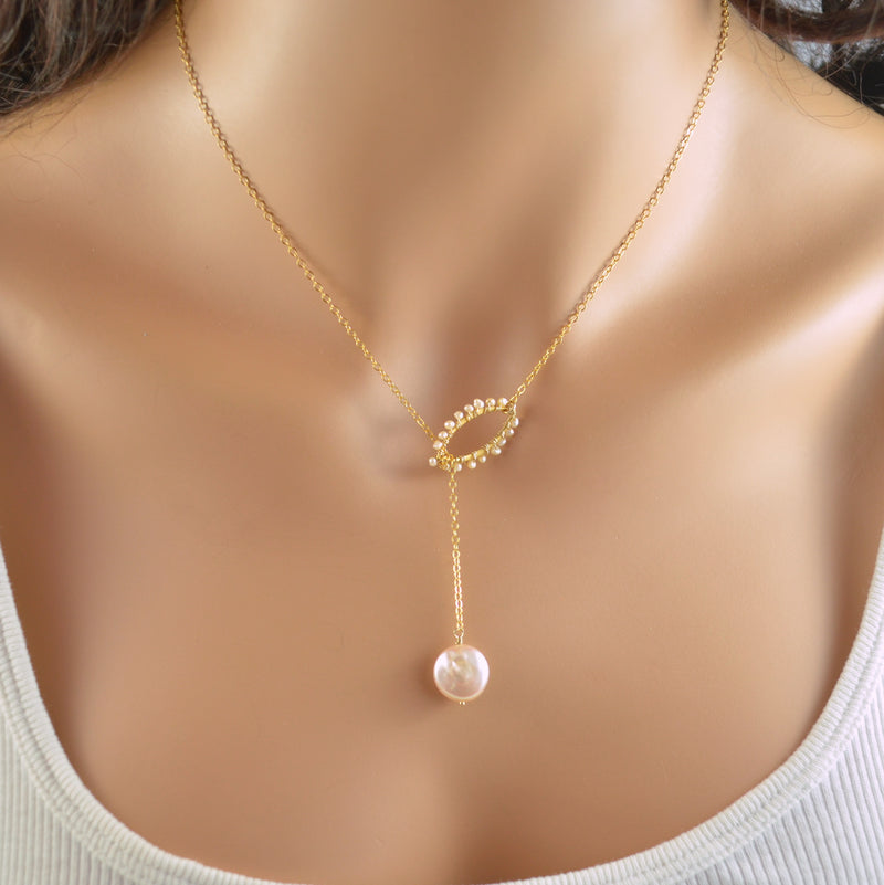 Pink Coin Pearl Lariat Necklace in Gold