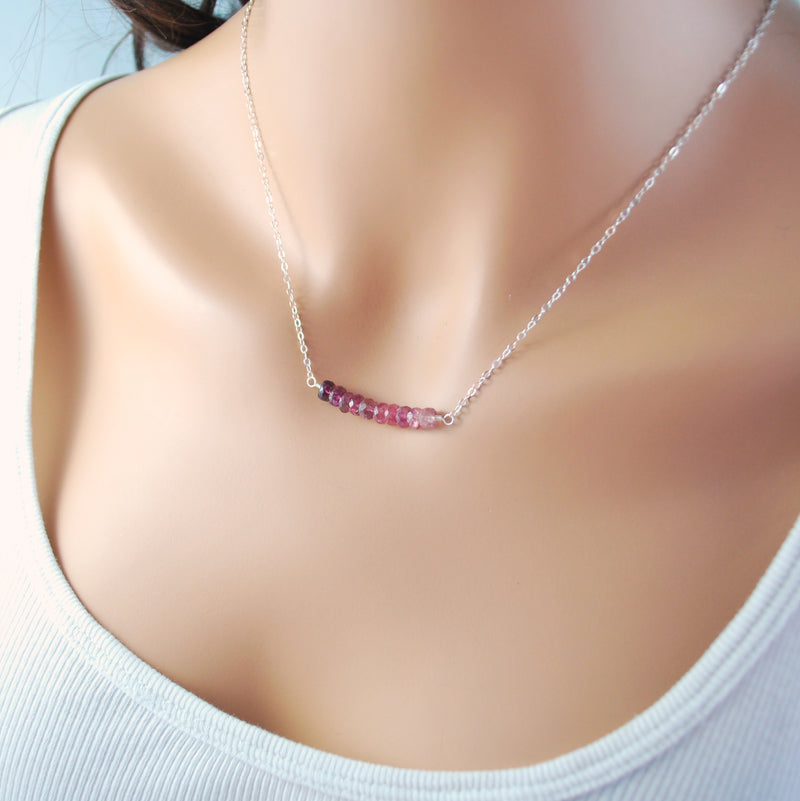 Pink Tourmaline Necklace, Row Bar Necklace in Silver