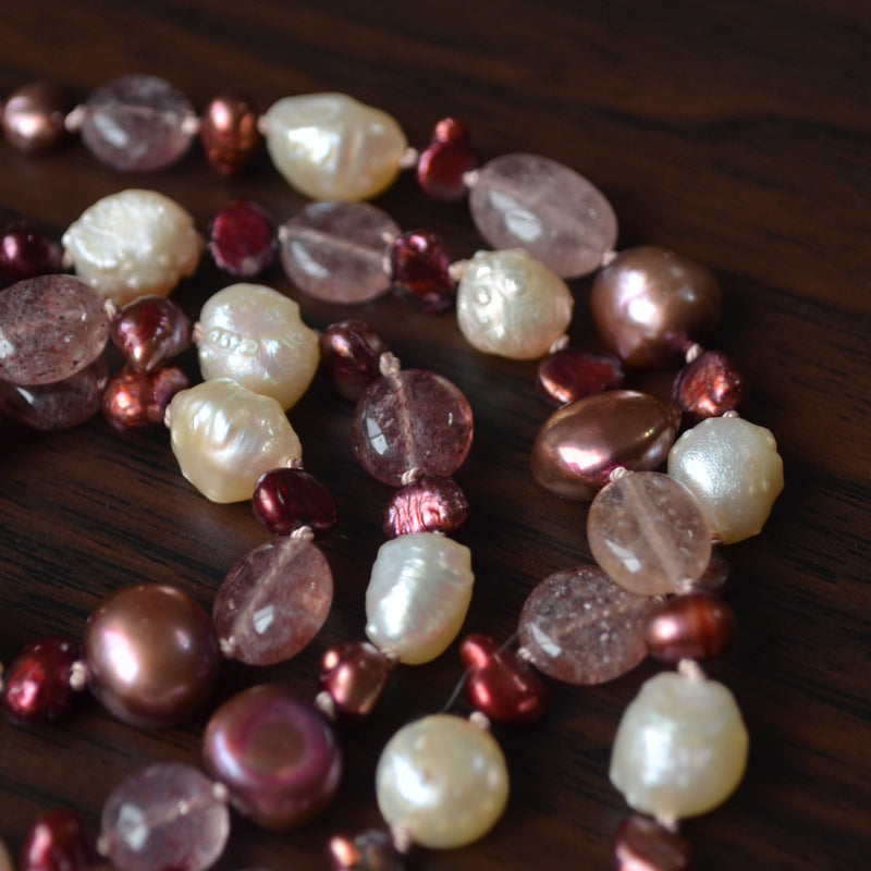 Pearl Wrap Bracelet or Necklace with Strawberry Quartz