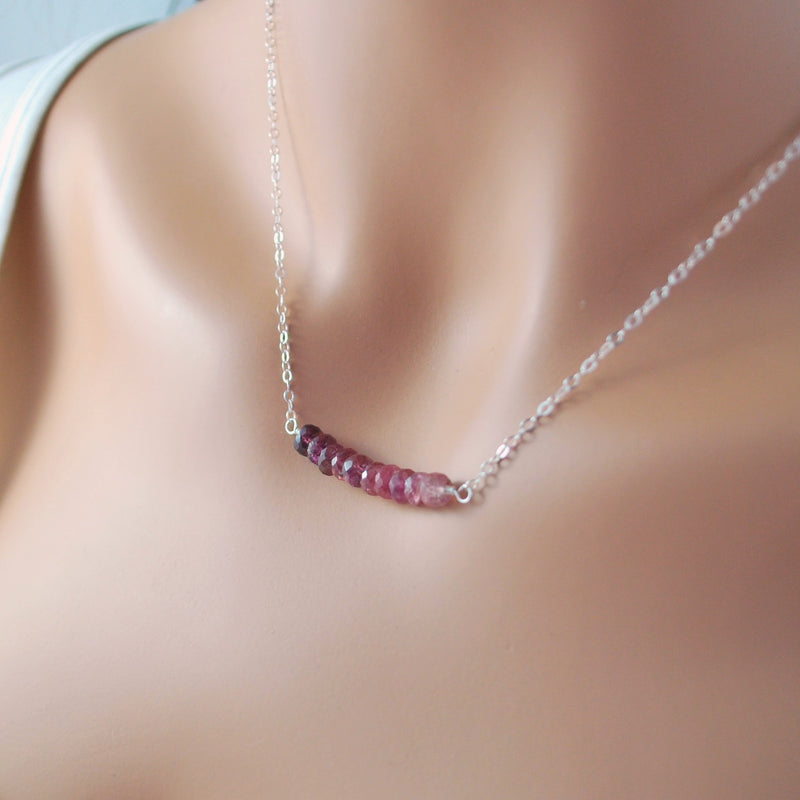 Pink Tourmaline Necklace, Row Bar Necklace in Silver