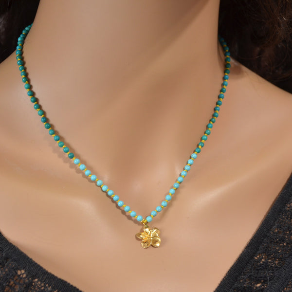 Turquoise Hand Knotted Necklace with Gold Flower Charm