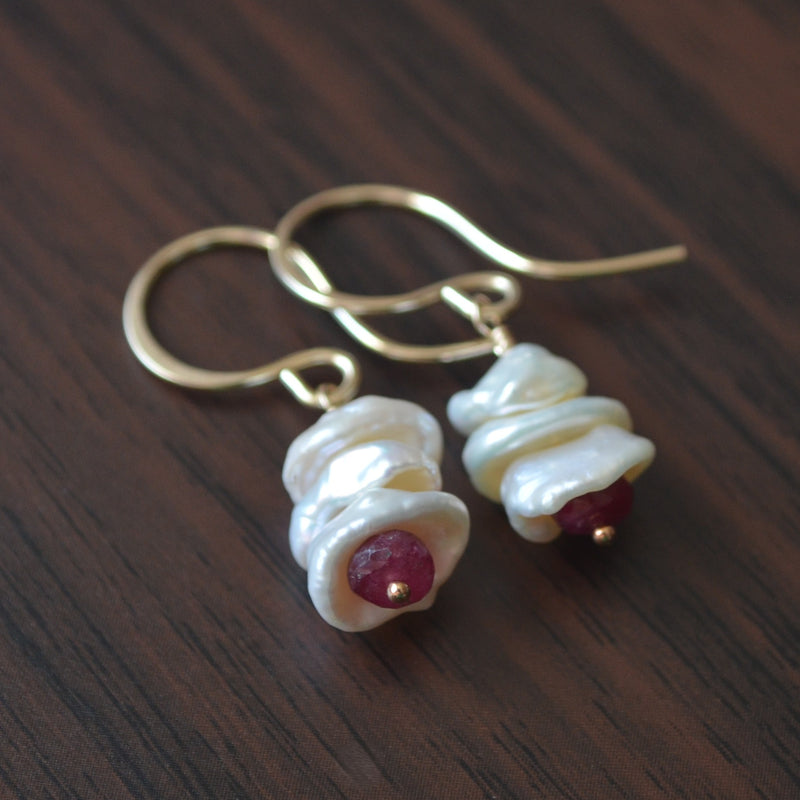 Keshi Pearl Earrings with Ruby Gemstones