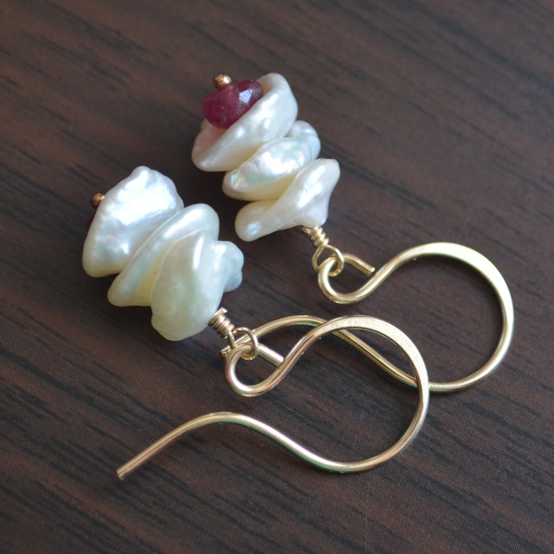 Keshi Pearl Earrings with Ruby Gemstones