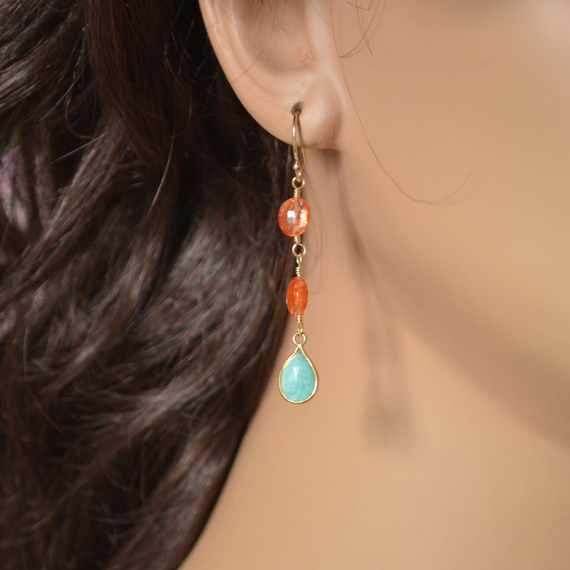 Petite Sunstone Earrings with Aqua Amazonite