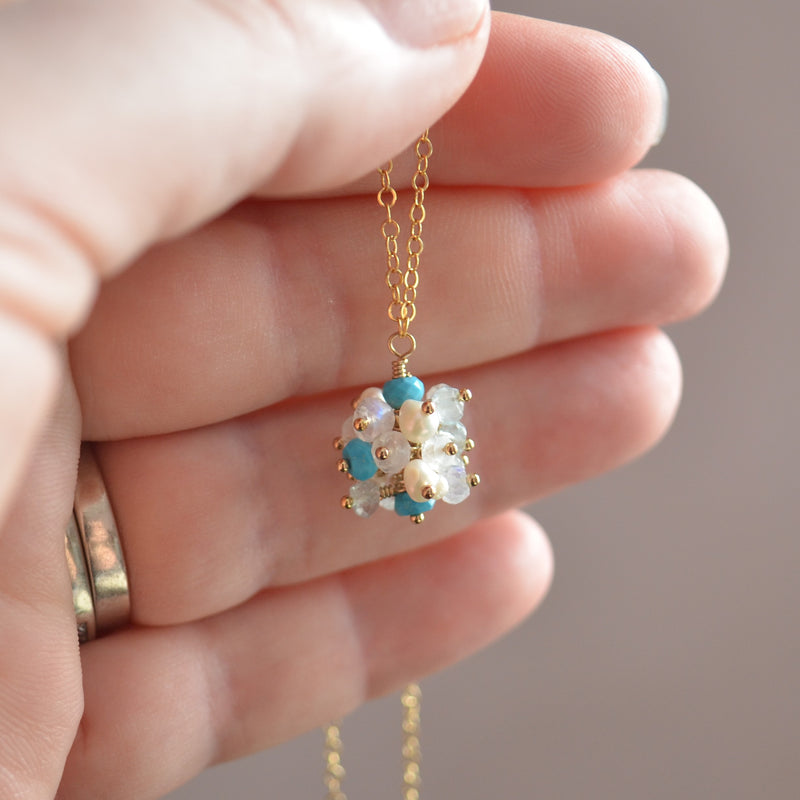 Gemstone Cluster Necklace in Blue and White