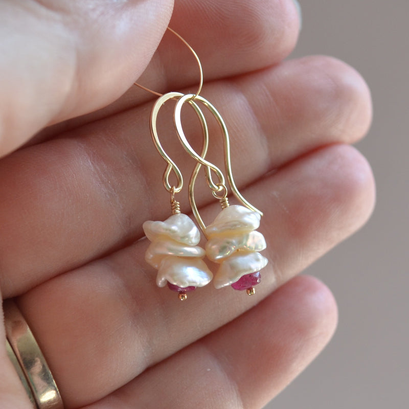 Keshi Pearl Earrings with Ruby Gemstones