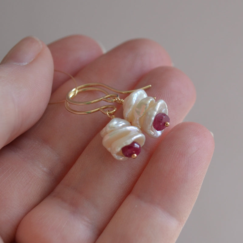 Keshi Pearl Earrings with Ruby Gemstones