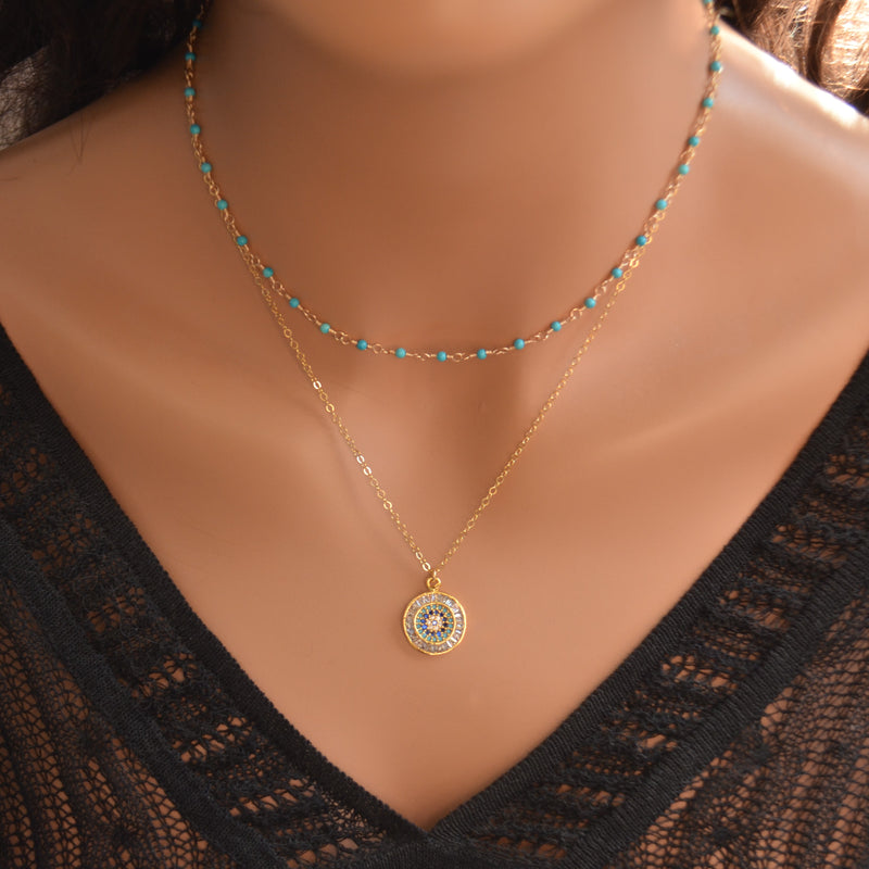 Gold Evil Eye Necklace with Cubic Zirconia Crystals