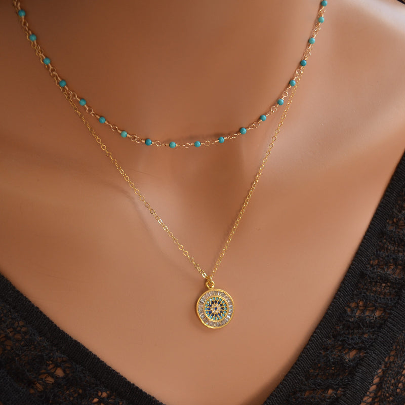 Gold Evil Eye Necklace with Cubic Zirconia Crystals