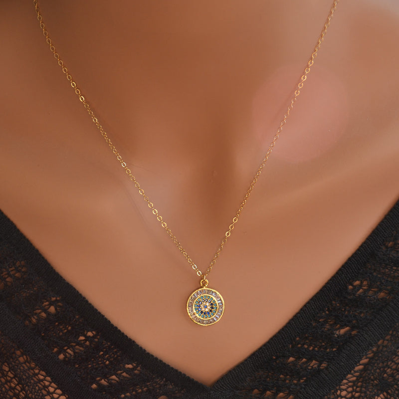 Gold Evil Eye Necklace with Cubic Zirconia Crystals