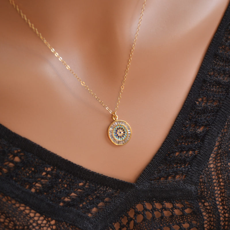 Gold Evil Eye Necklace with Cubic Zirconia Crystals