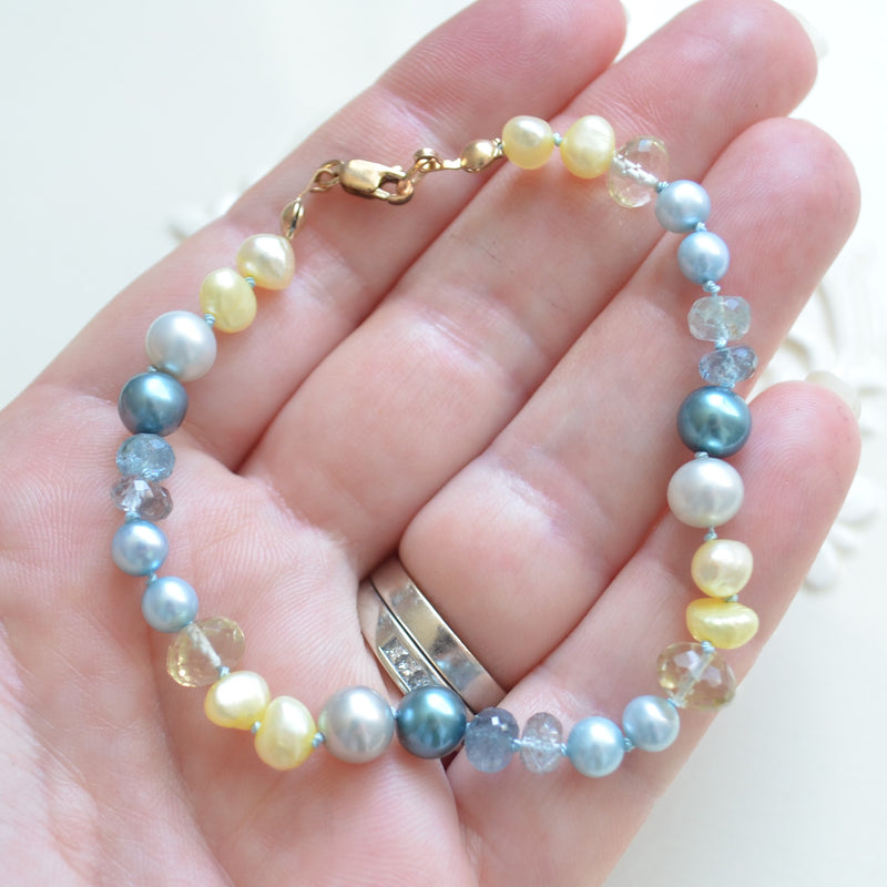 Hand Knotted Bracelet with Moss Aquamarine and Freshwater Pearls
