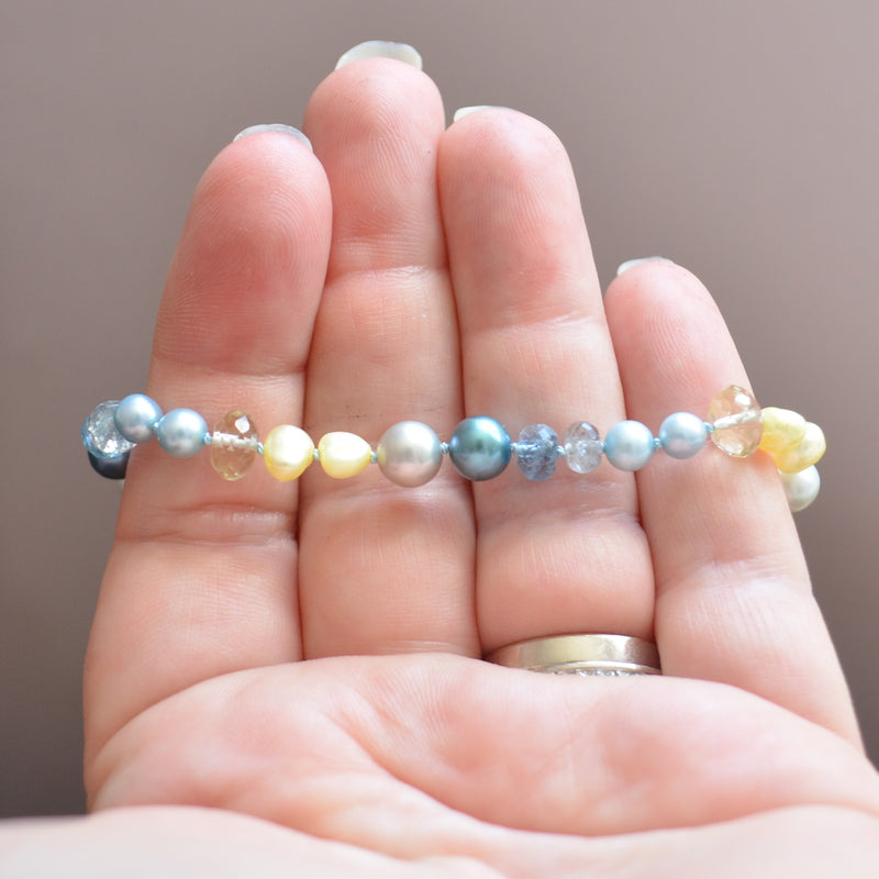 Hand Knotted Bracelet with Moss Aquamarine and Freshwater Pearls