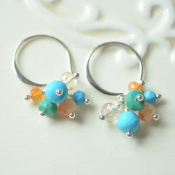 Turquoise and Sunstone Cluster Earrings in Sterling Silver