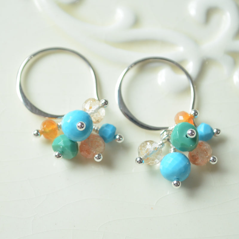 Turquoise and Sunstone Cluster Earrings in Sterling Silver