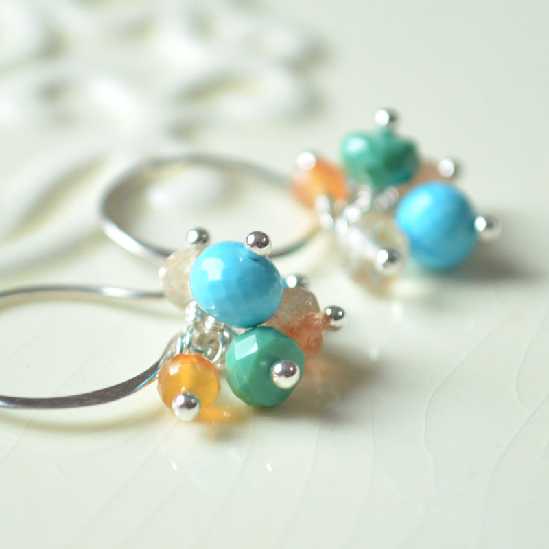 Turquoise and Sunstone Cluster Earrings in Sterling Silver