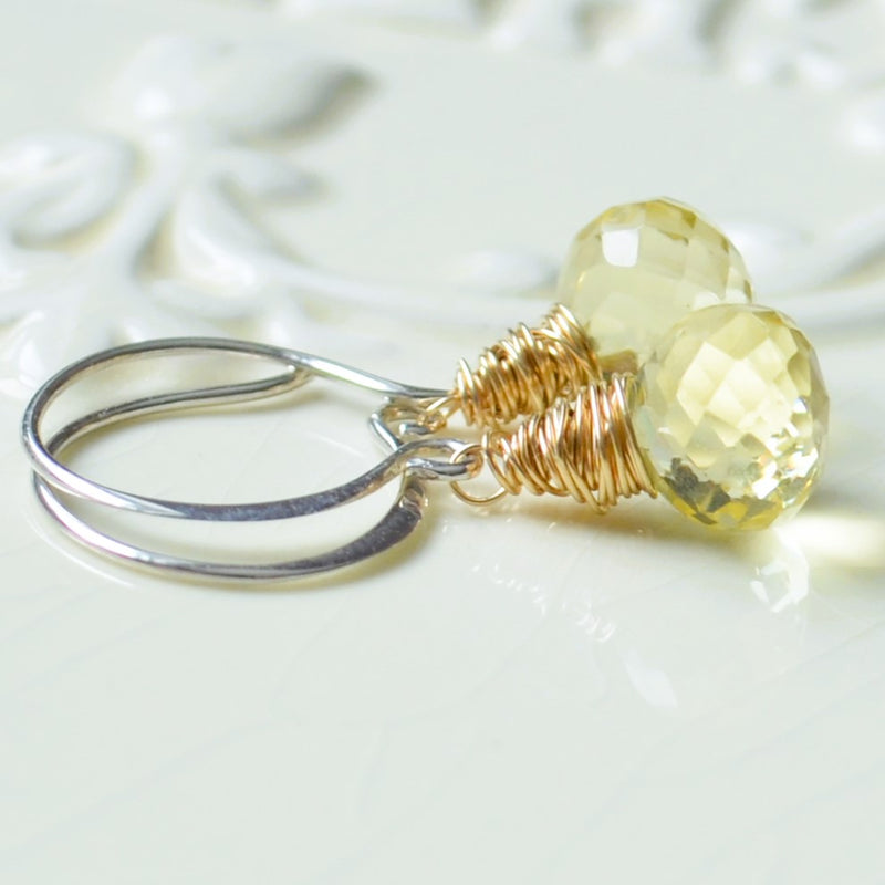 Lemon Quartz Drop Earrings in Gold and Silver