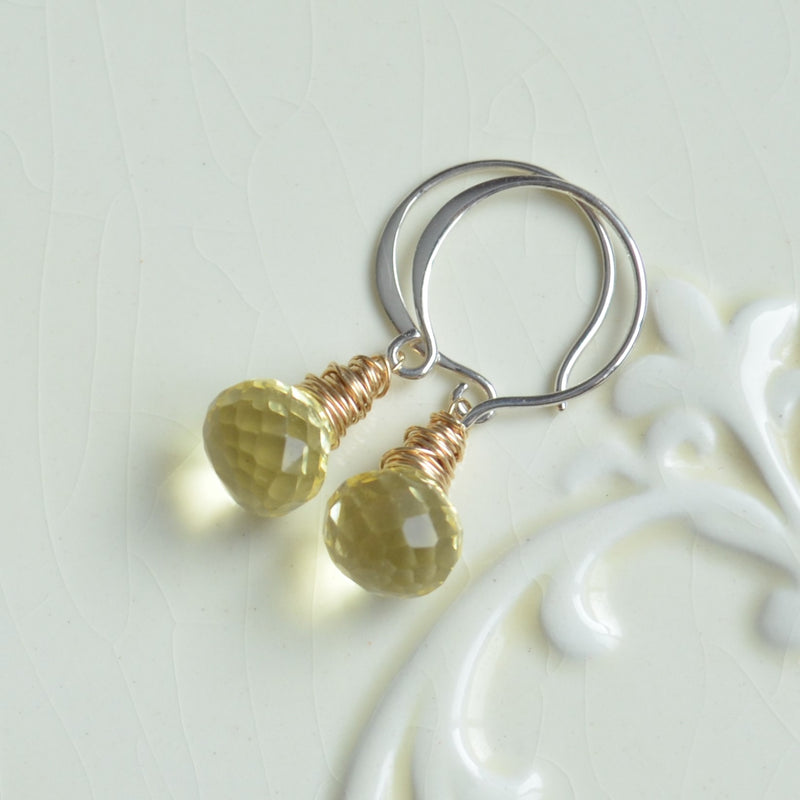 Lemon Quartz Drop Earrings in Gold and Silver