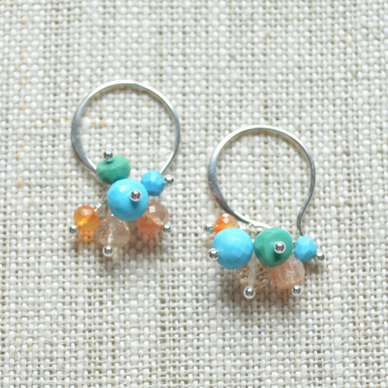 Turquoise and Sunstone Cluster Earrings in Sterling Silver