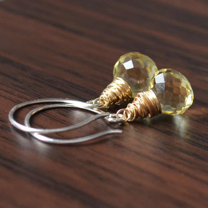 Lemon Quartz Drop Earrings in Gold and Silver