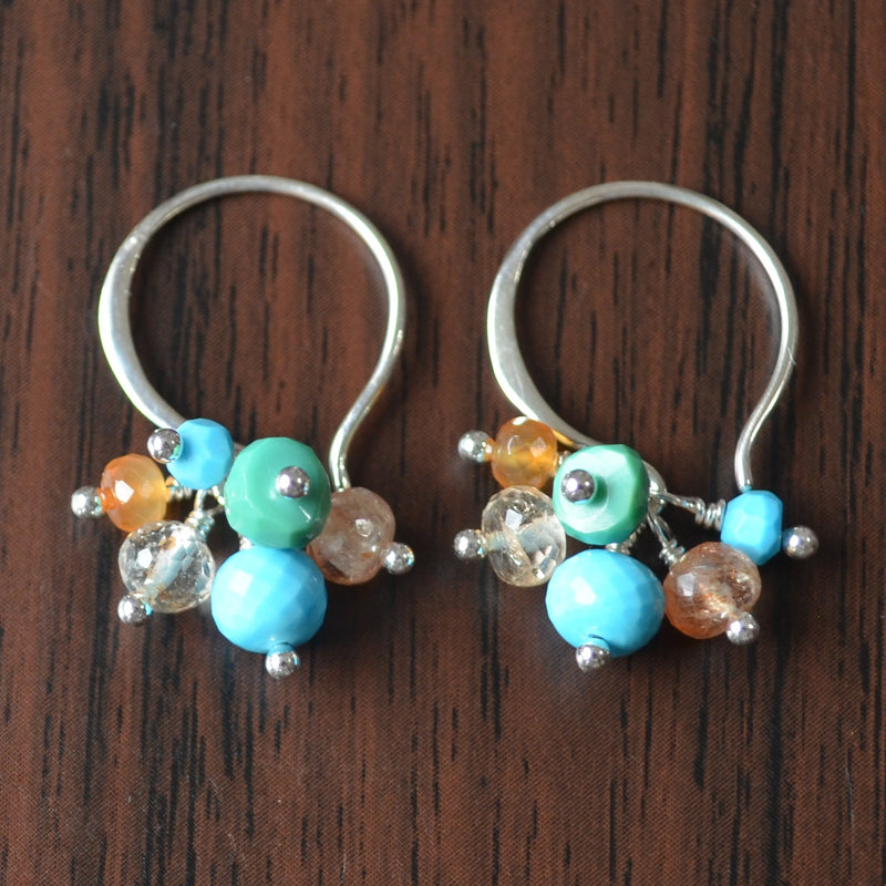 Turquoise and Sunstone Cluster Earrings in Sterling Silver