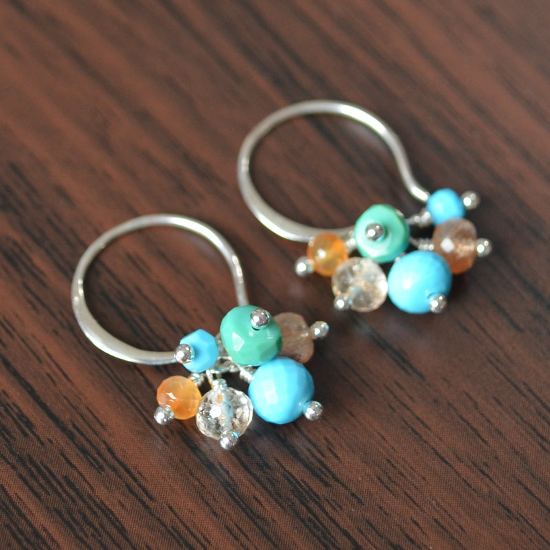 Turquoise and Sunstone Cluster Earrings in Sterling Silver