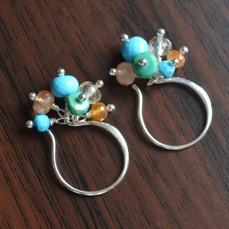Turquoise and Sunstone Cluster Earrings in Sterling Silver