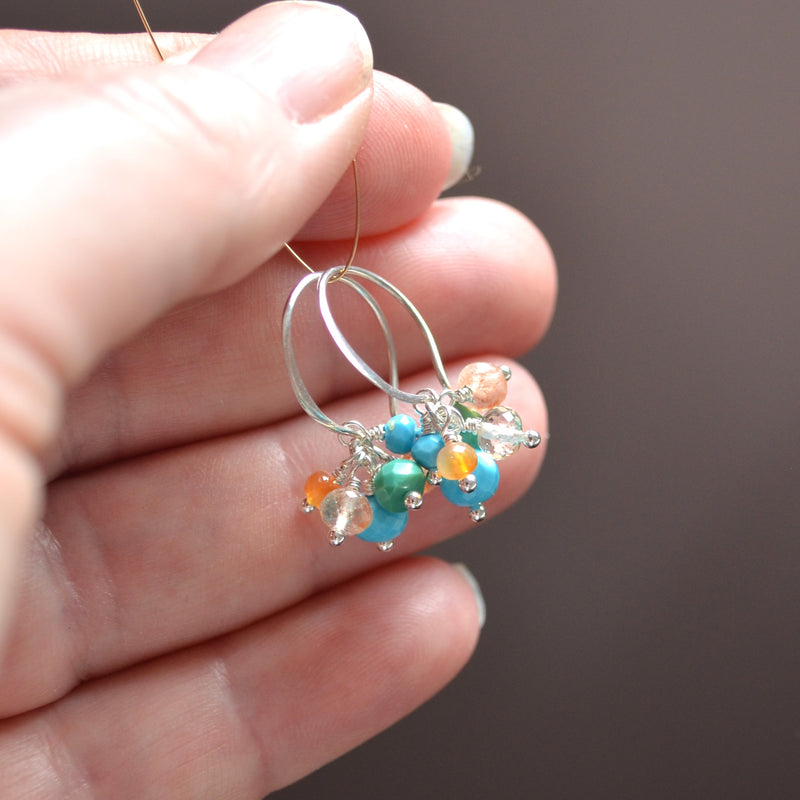 Turquoise and Sunstone Cluster Earrings in Sterling Silver