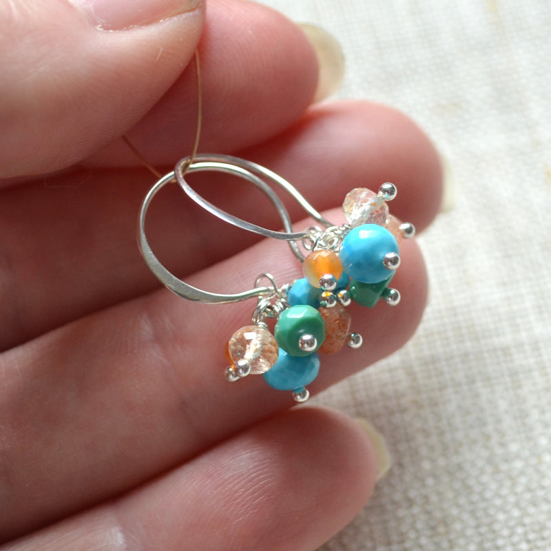 Turquoise and Sunstone Cluster Earrings in Sterling Silver