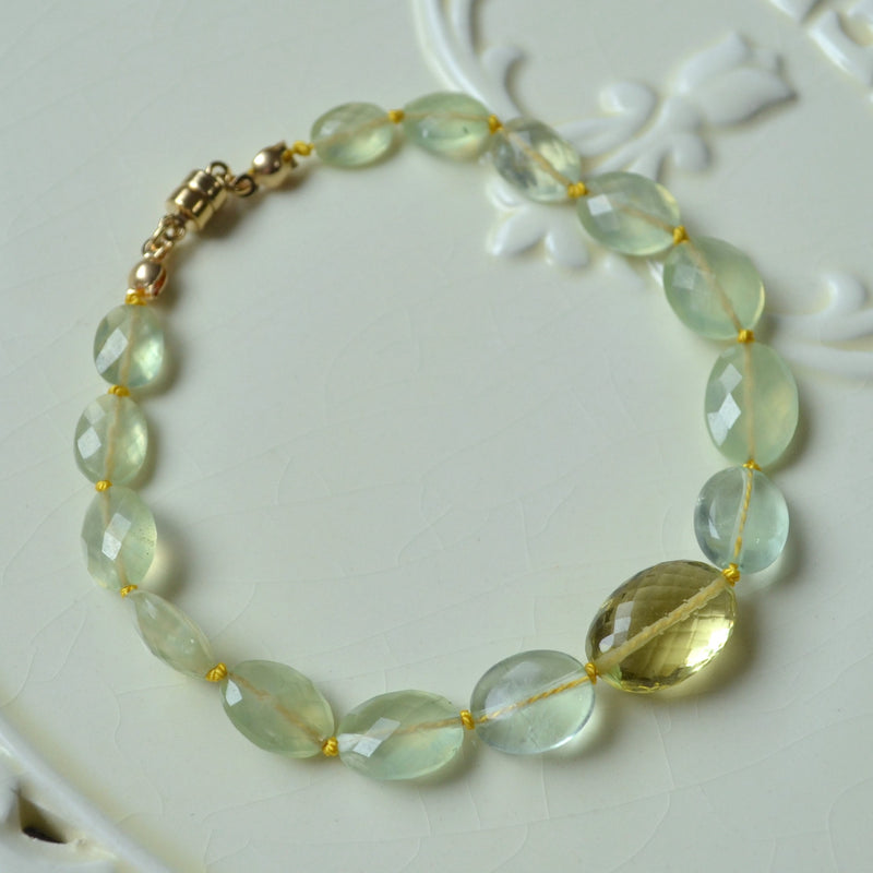 Prehnite and Fluorite Hand Knotted Bracelet with Lemon Quartz