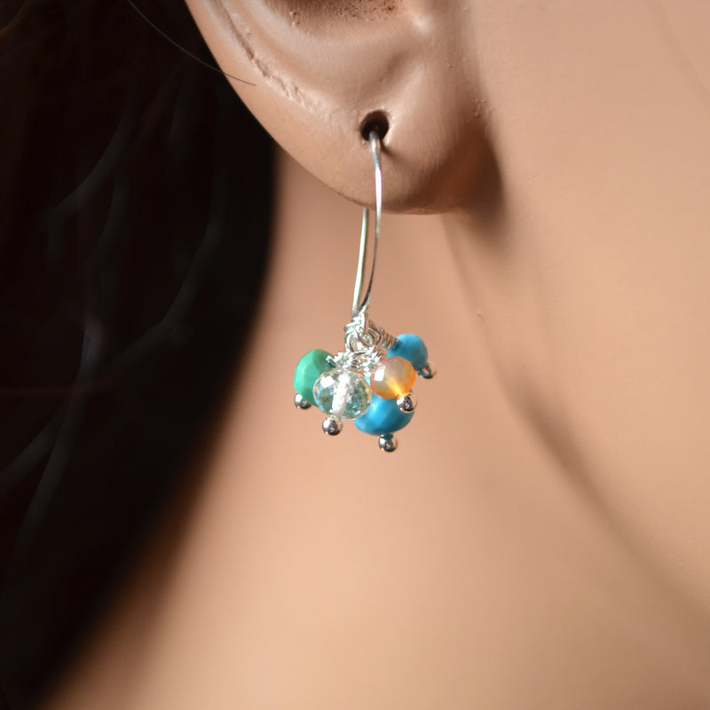 Turquoise and Sunstone Cluster Earrings in Sterling Silver