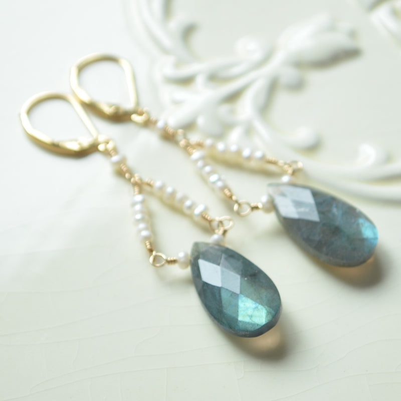 Labradorite Chandelier Earrings with Tiny Seed Freshwater Pearls