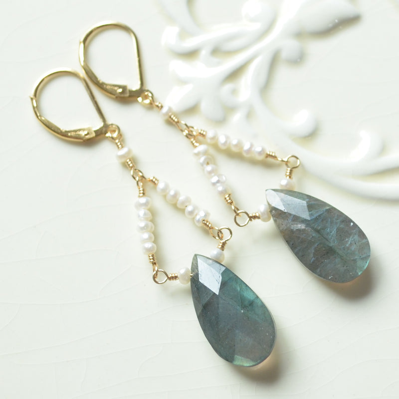 Labradorite Chandelier Earrings with Tiny Seed Freshwater Pearls