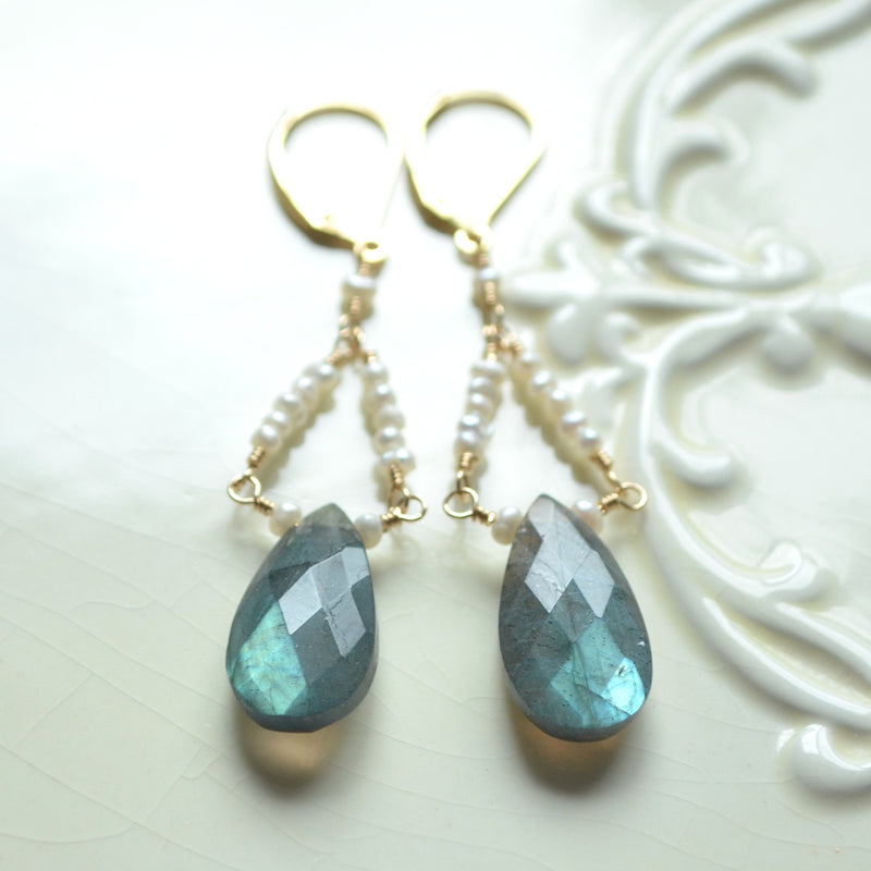 Labradorite Chandelier Earrings with Tiny Seed Freshwater Pearls