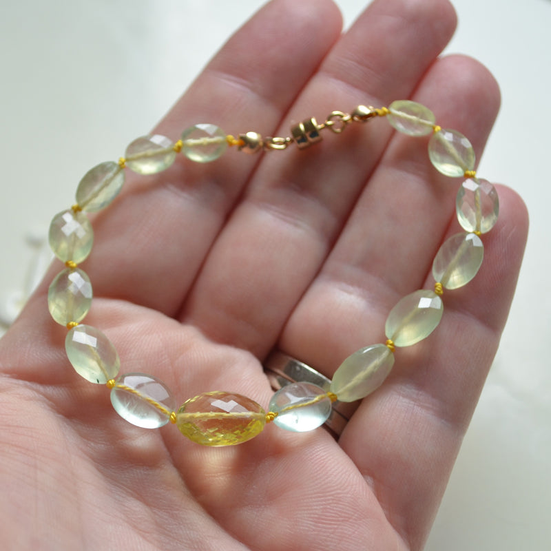 Prehnite and Fluorite Hand Knotted Bracelet with Lemon Quartz