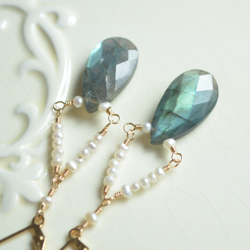 Labradorite Chandelier Earrings with Tiny Seed Freshwater Pearls