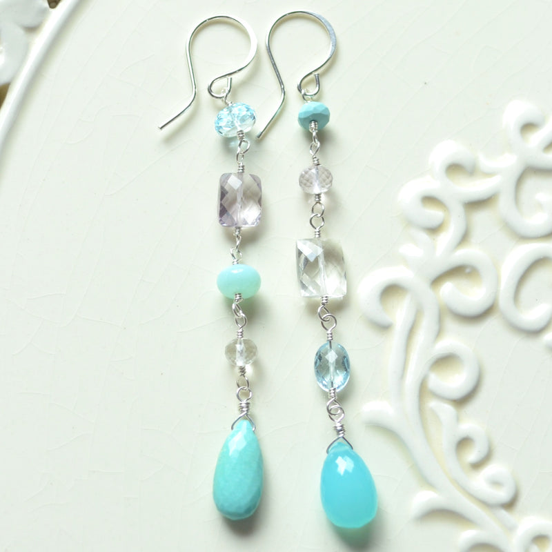 Long Mismatched Earrings with Turquoise and Pink Amethyst