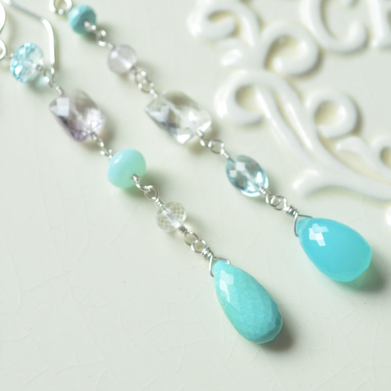 Long Mismatched Earrings with Turquoise and Pink Amethyst
