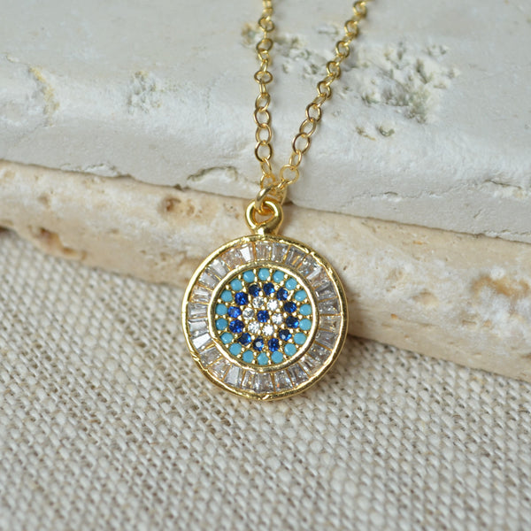 Gold Evil Eye Necklace with Cubic Zirconia Crystals