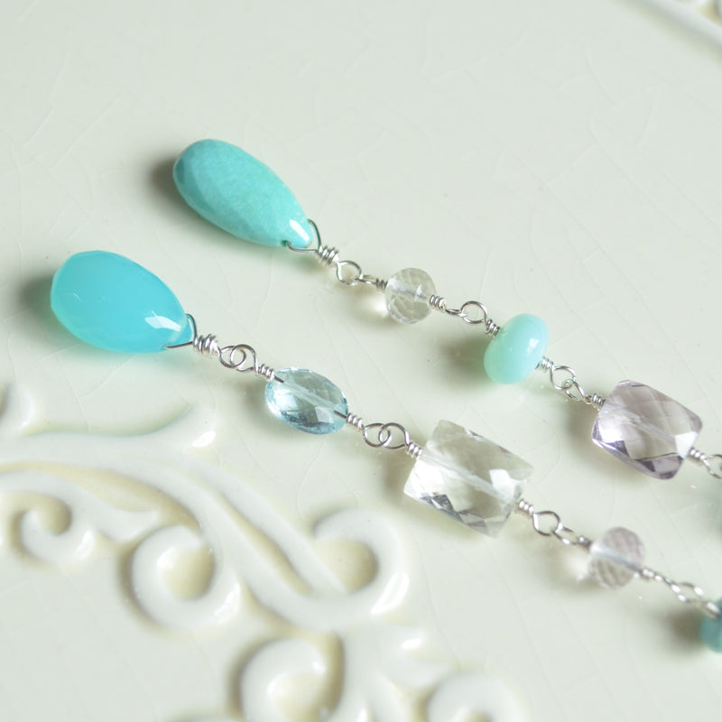 Long Mismatched Earrings with Turquoise and Pink Amethyst