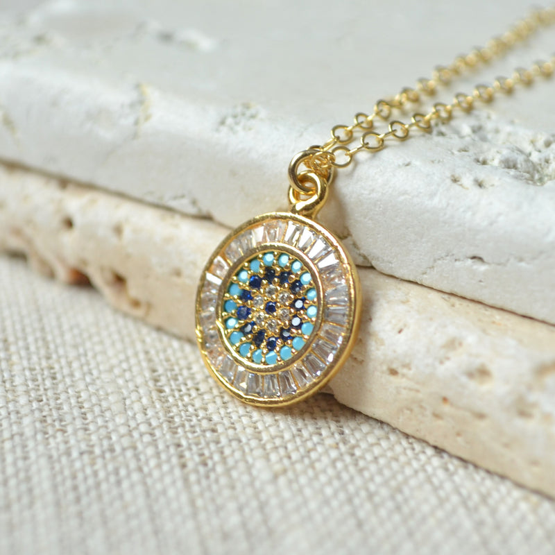 Gold Evil Eye Necklace with Cubic Zirconia Crystals