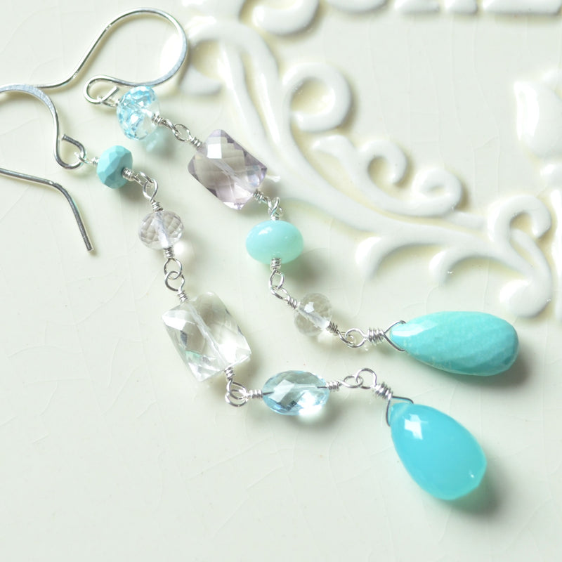 Long Mismatched Earrings with Turquoise and Pink Amethyst