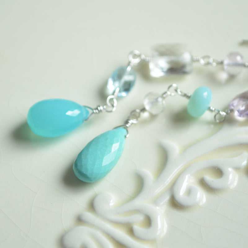 Long Mismatched Earrings with Turquoise and Pink Amethyst