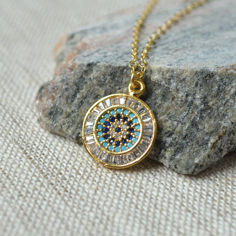 Gold Evil Eye Necklace with Cubic Zirconia Crystals