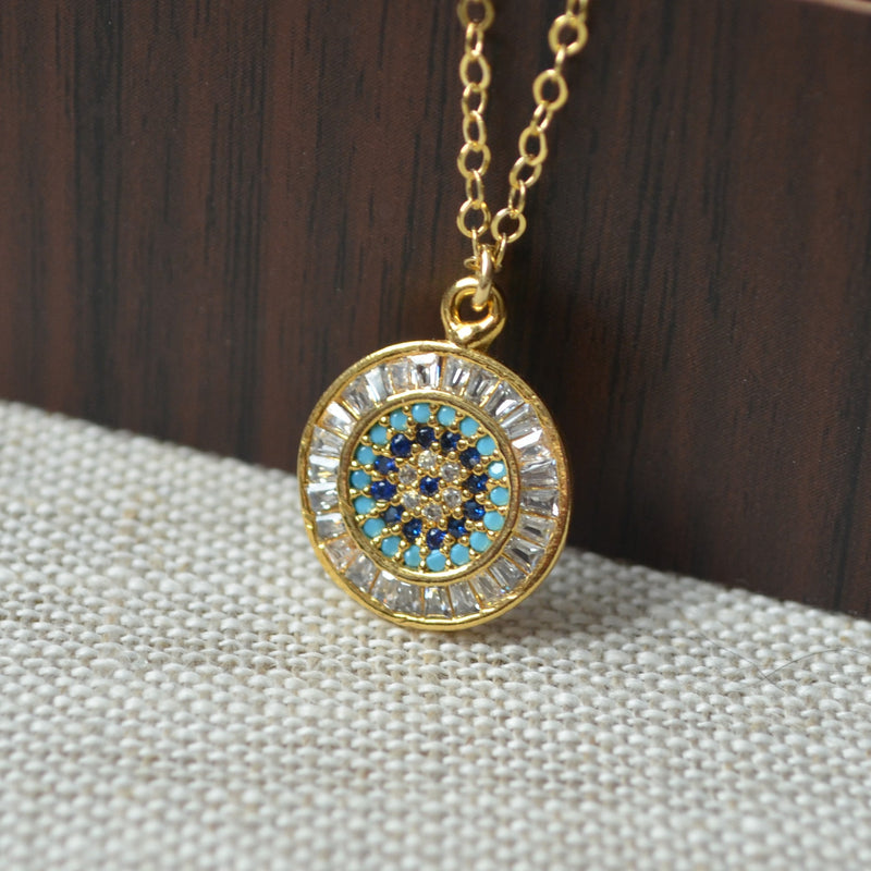 Gold Evil Eye Necklace with Cubic Zirconia Crystals