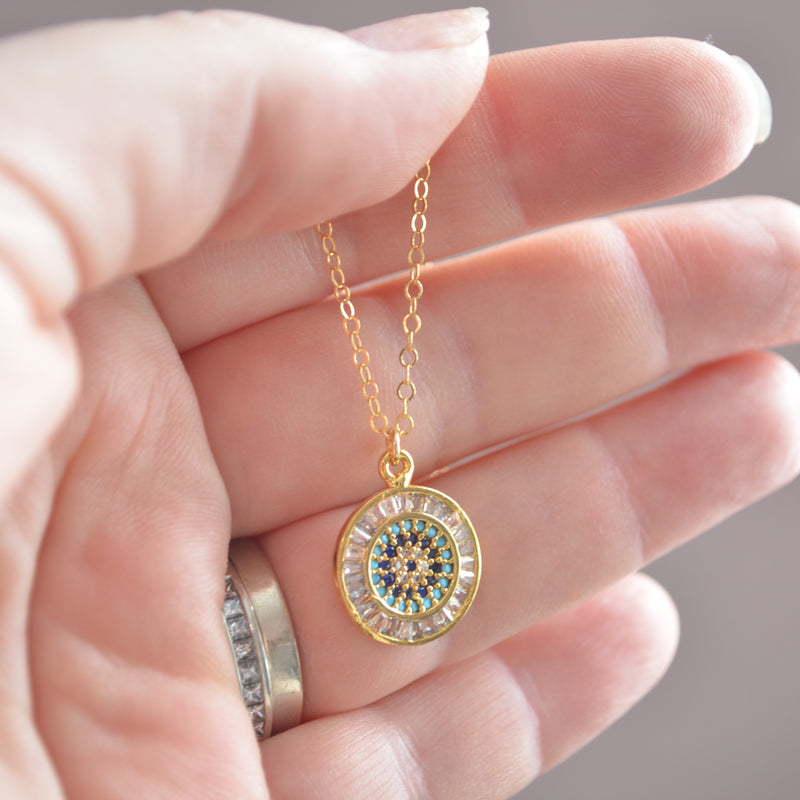 Gold Evil Eye Necklace with Cubic Zirconia Crystals