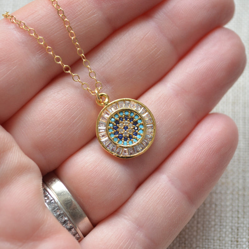 Gold Evil Eye Necklace with Cubic Zirconia Crystals