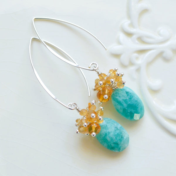 Citrine Cluster Earrings with Amazonite Ovals