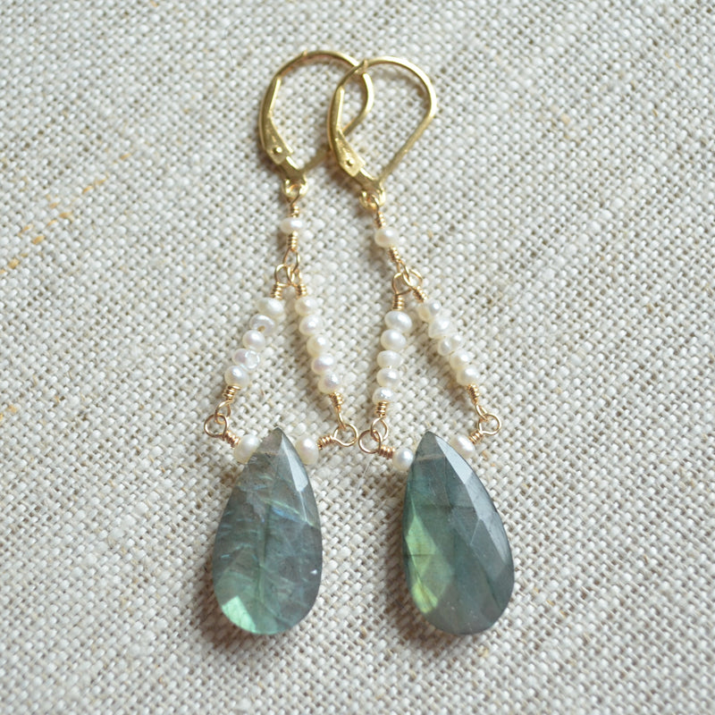 Labradorite Chandelier Earrings with Tiny Seed Freshwater Pearls